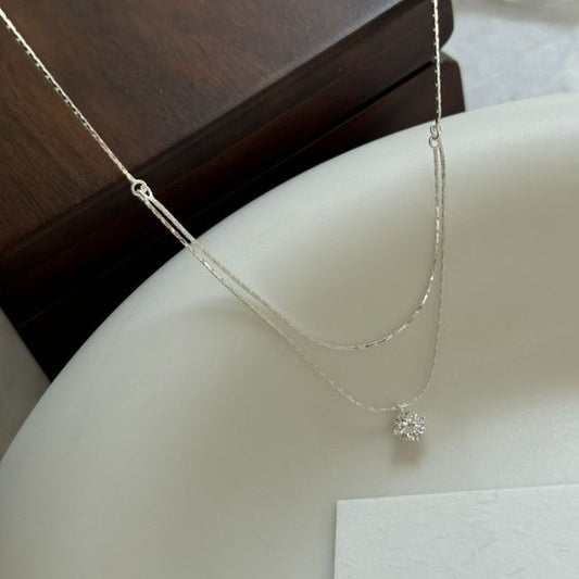 Double Layer Geometric Cubic Zirconia Bamboo Chain Necklace 925 Sterling Silver