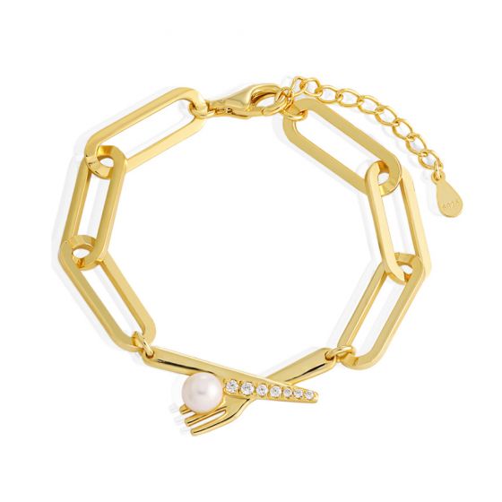 Natural Pearl Fork Crystal 925 Sterling Silver Hollow Chain Bracelet