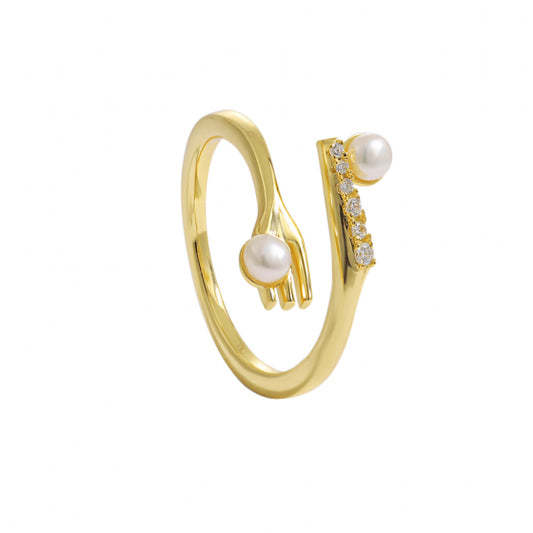 Natural Pearl Fork and Knife CZ Sterling Silver Adjustable Ring