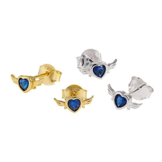 Blue CZ Flying Heart Stud Earrings