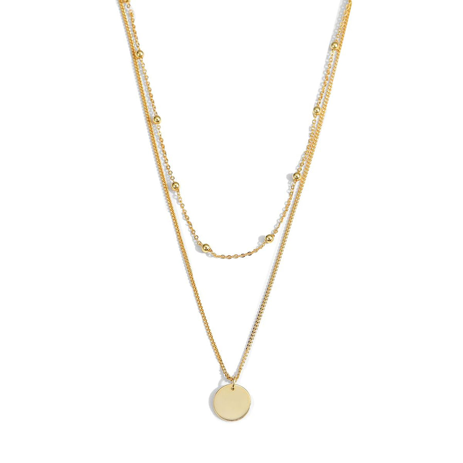 Double Bead Choker Coin Tag Necklace, 925 Sterling Silver