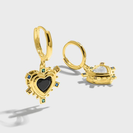 Black and White Heart CZ Dangling Sterling Silver Earrings