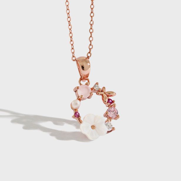 Pink Crystal and White Shell Flower Garland Necklace, 925 Sterling Silver, Rose Gold Plated