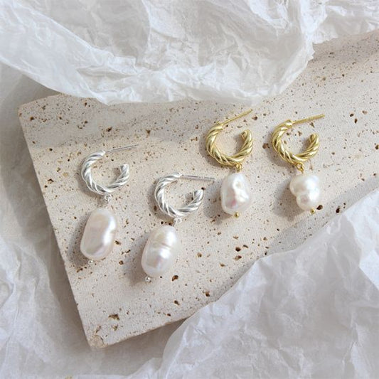 Shell Pearl Twisted Hoop Earrings