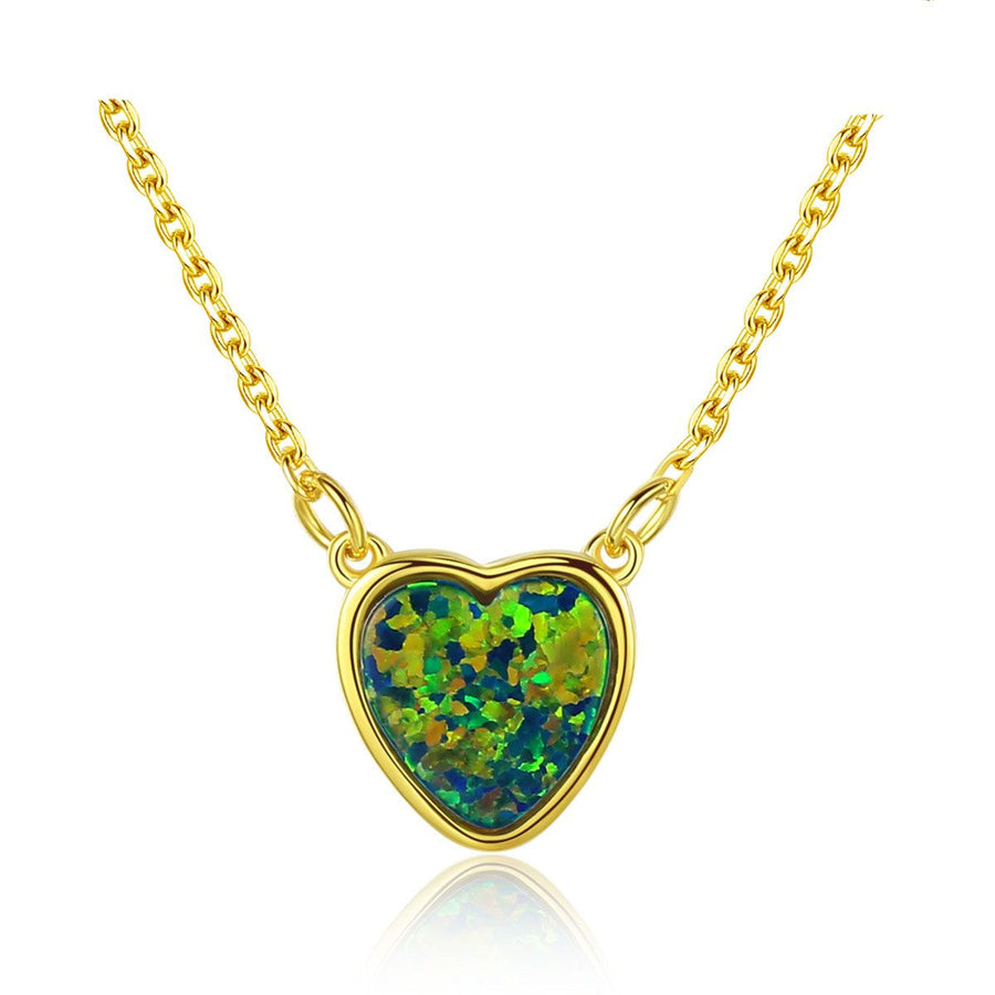 Simple Heart Created Opal Necklace in 925 Sterling Silver