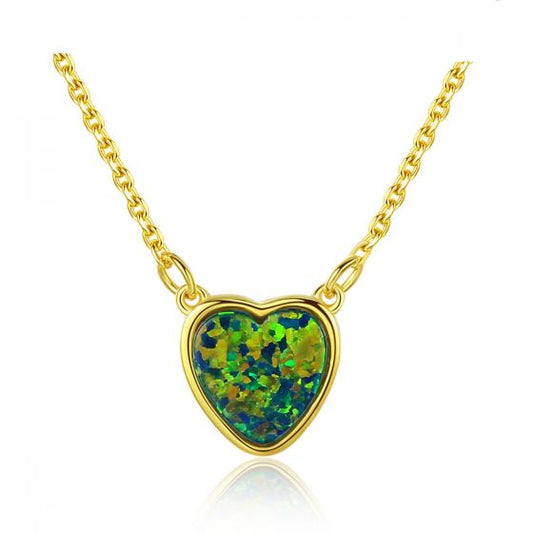 Simple Heart Created Opal Necklace in 925 Sterling Silver