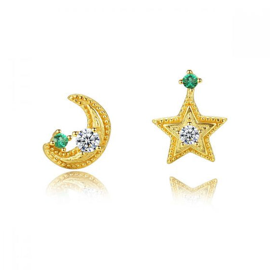 Asymmetrical Star and Crescent Moon 925 Sterling Silver Stud Earrings