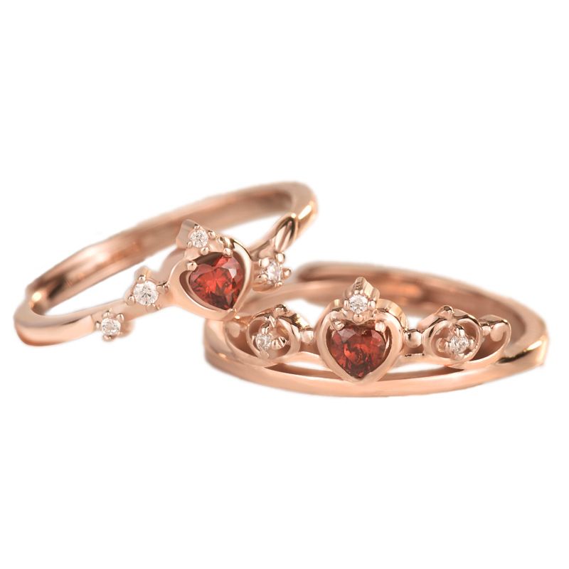 Red Heart Crystal Crown 925 Sterling Silver Adjustable Stacker Ring