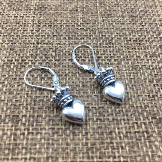 Vintage Crown Heart Leverback Earring (Single) 925 Sterling Silver