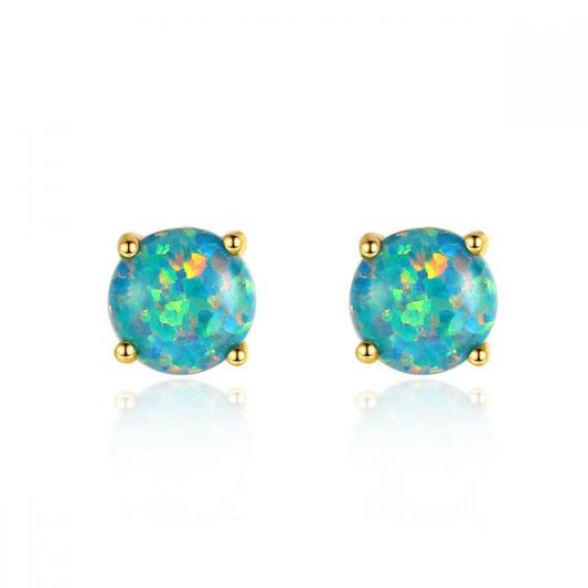 Round Created Opal Sterling Silver Stud Earrings