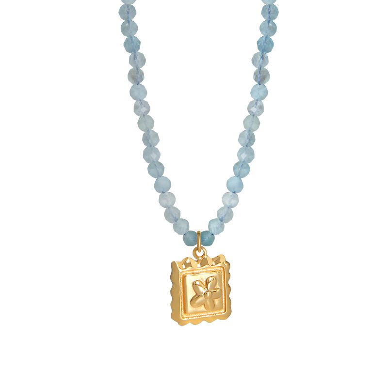 Flower Square Tag Natural Aquamarine Necklace