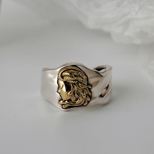 Vintage Portrait Adjustable 925 Sterling Silver Wide Ring