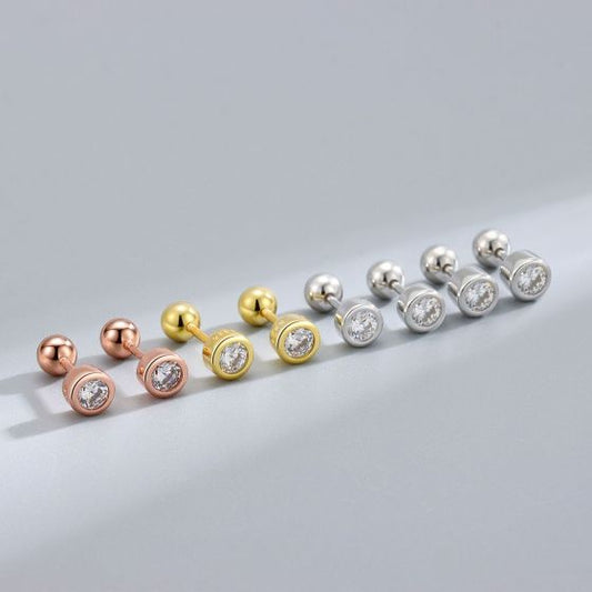 Classic Round CZ 925 Sterling Silver Screw Stud Earrings