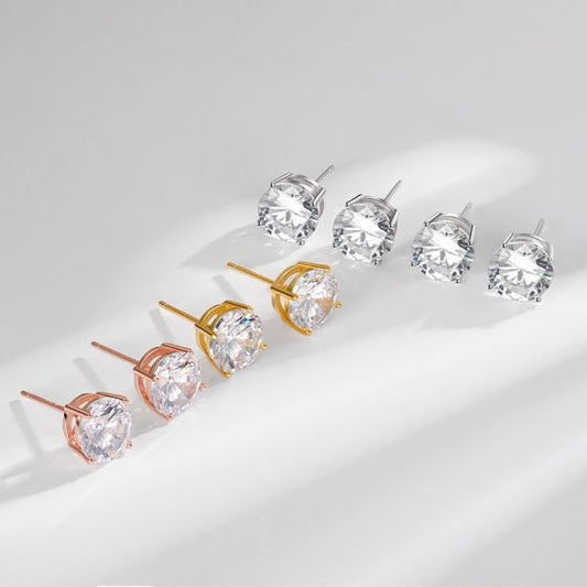 Classic Four-Claw Round CZ Stud Earrings in 925 Sterling Silver