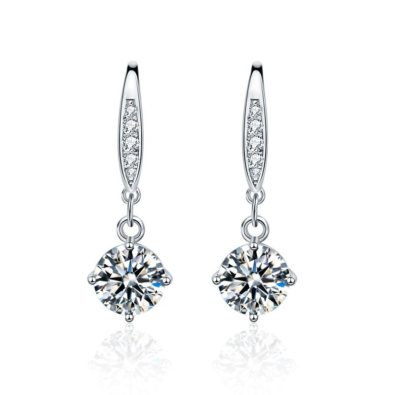 Round Moissanite Crystal Drop Earrings, 925 Sterling Silver