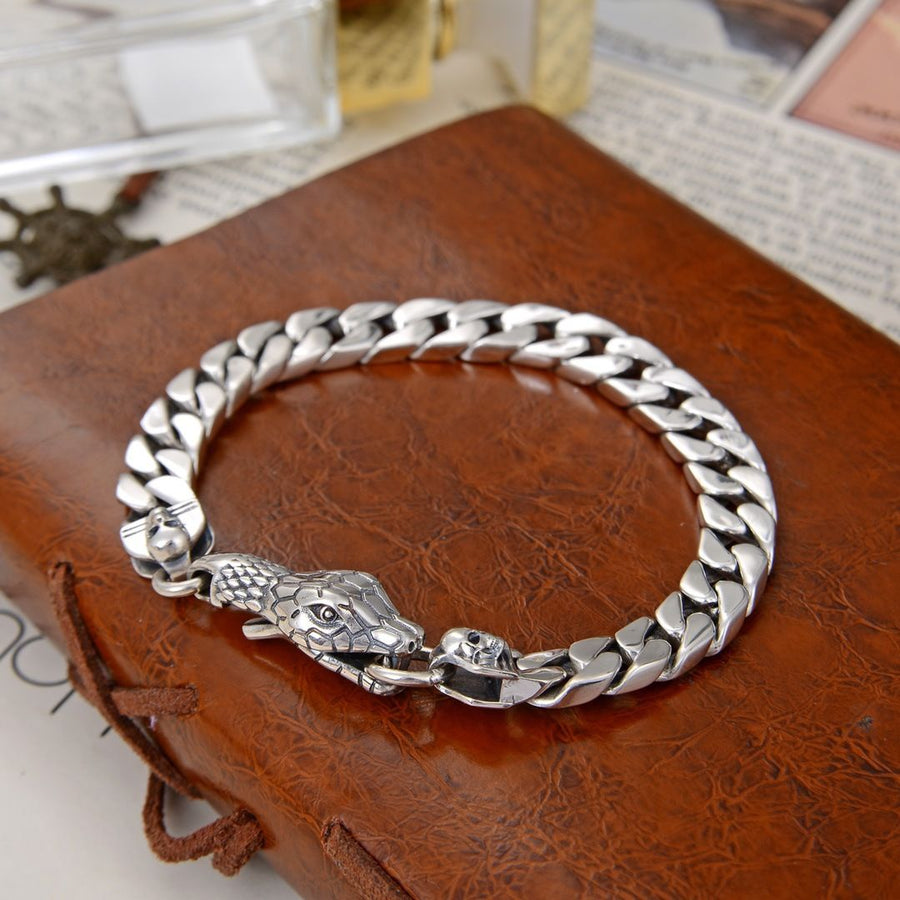 Men's Snake Head 925 Sterling Silver Curb Chain Bracelet