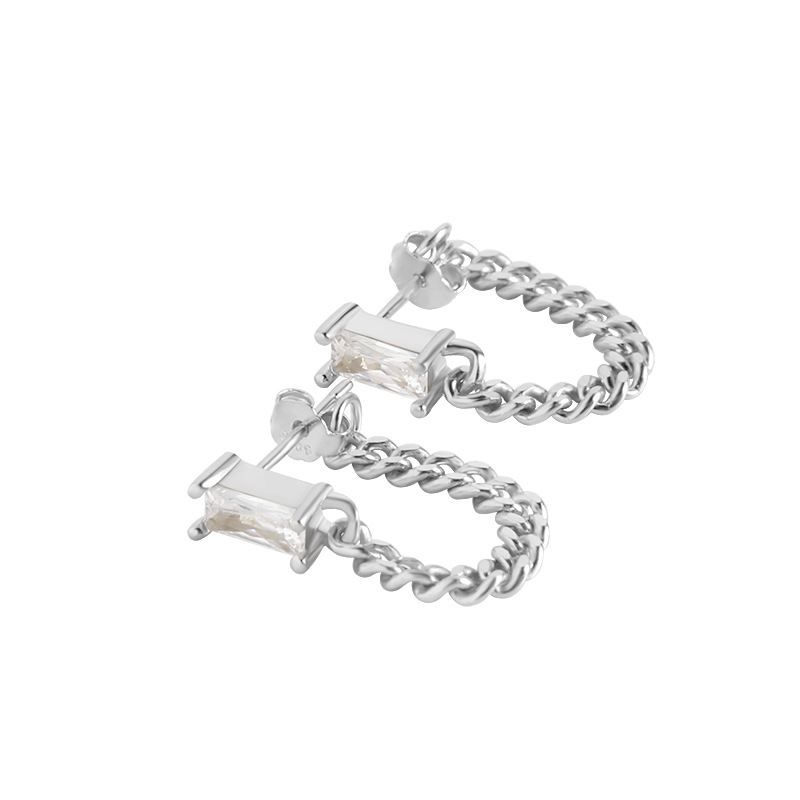 Modern Geometry Crystal Rectangle Hollow Chain 925 Sterling Silver Hoop Earrings