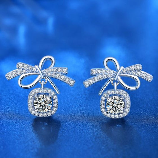 Sweet Bow-Knot Moissanite CZ Sterling Silver Stud Earrings