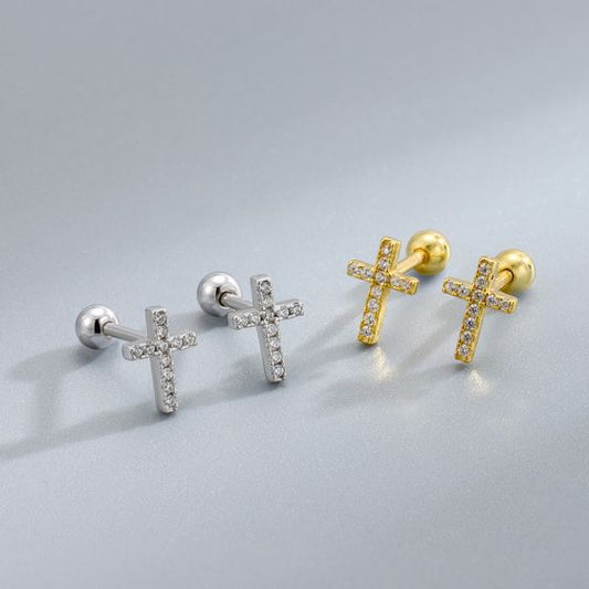 CZ Cross Screw Stud Earrings in 925 Sterling Silver