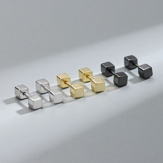 Geometry Double Cube Barbell Sterling Silver Stud Earrings