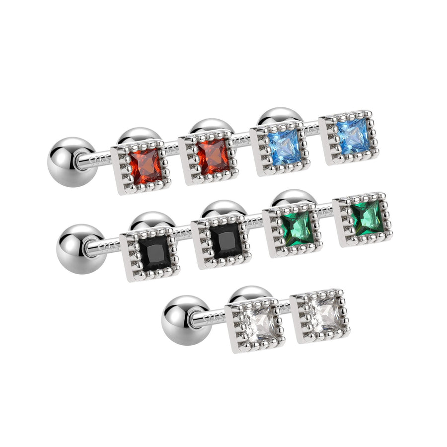 Mini Beads Border Square Crystal Stud Earrings in 925 Sterling Silver