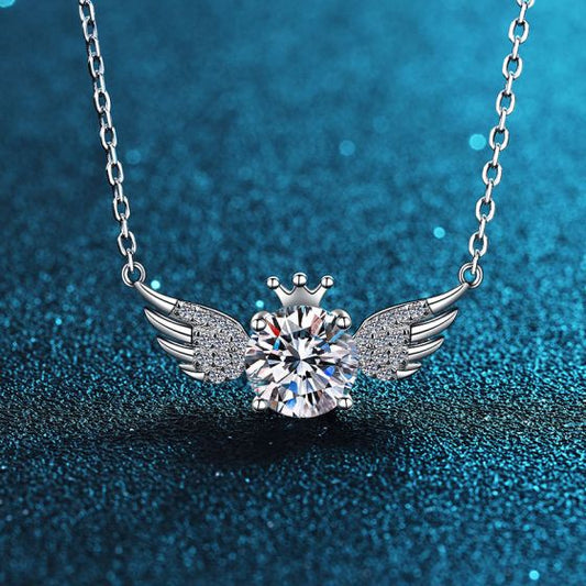 Round CZ Crown Angel Wing Necklace in 925 Sterling Silver