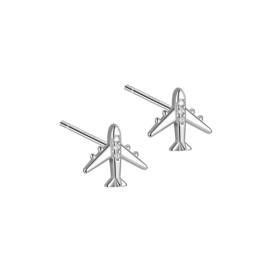 Airplane Rhinestone Stud Earrings, 925 Sterling Silver