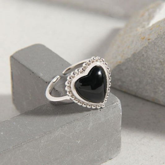 Black Agate Heart Bead Border Adjustable Ring