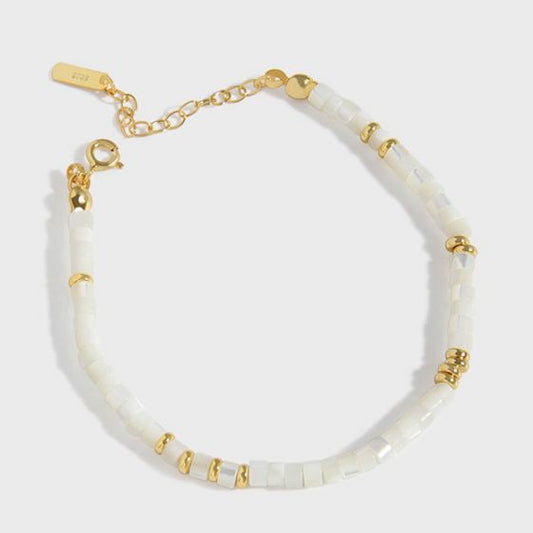 Gold Shell Beads Wampum Bracelet in 925 Sterling Silver