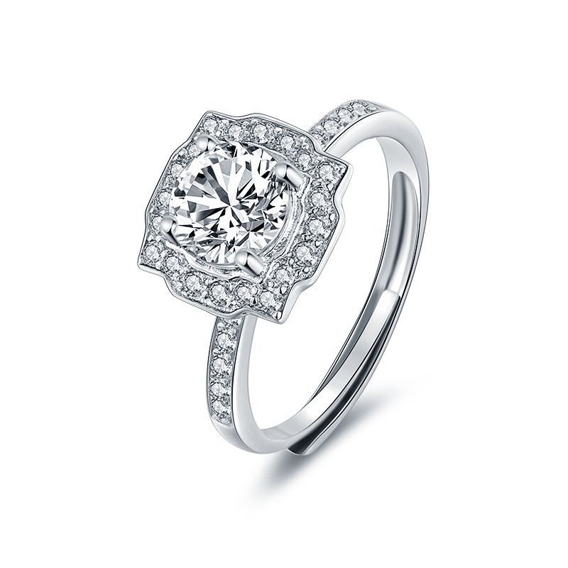 Geometric Four-Claw Moissanite Ring, 925 Sterling Silver