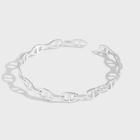 Puffed Solid Mariner Chain Open Bangle, 925 Sterling Silver