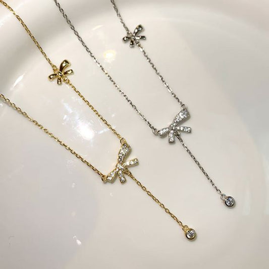 Sweet CZ Bow-Knot Tassel Necklace