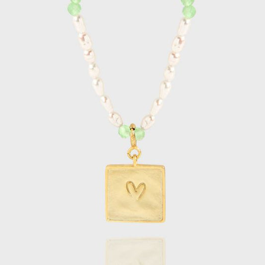 Shell Pearl Heart Square Tag Necklace, 925 Sterling Silver
