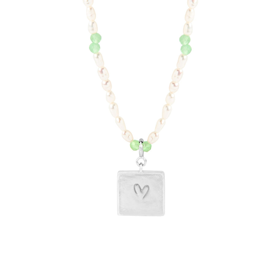 Shell Pearl Heart Square Tag Necklace, 925 Sterling Silver
