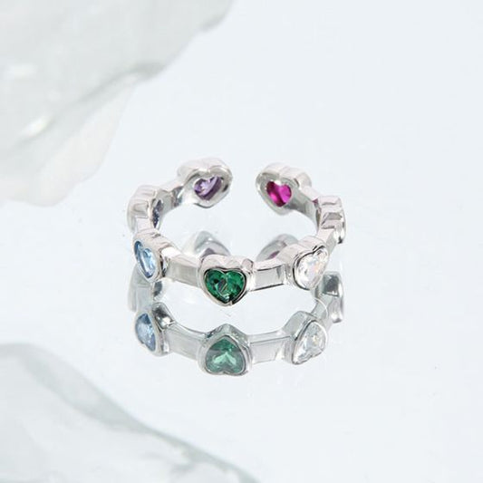 Colorful CZ Heart-in-Heart 925 Sterling Silver Adjustable Ring