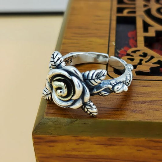 Vintage Rose Flower Adjustable Sterling Silver Ring
