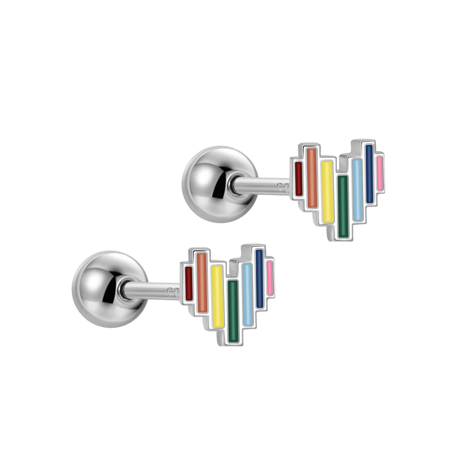 Rainbow Digital Heart 925 Sterling Silver Screw Stud Earrings