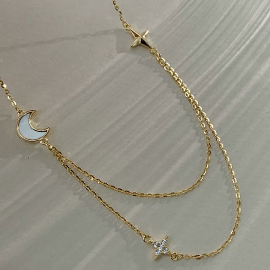 Double Layer CZ Stars and Crescent Moon 925 Sterling Silver Necklace