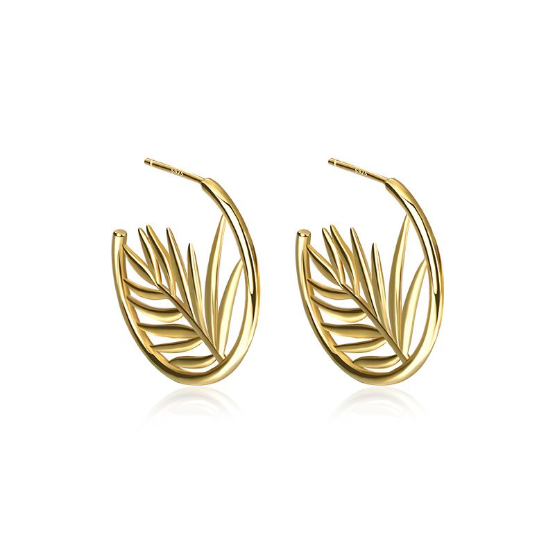Friend's Hollow Tree Leaves C Shape Sterling Silver Stud Earrings