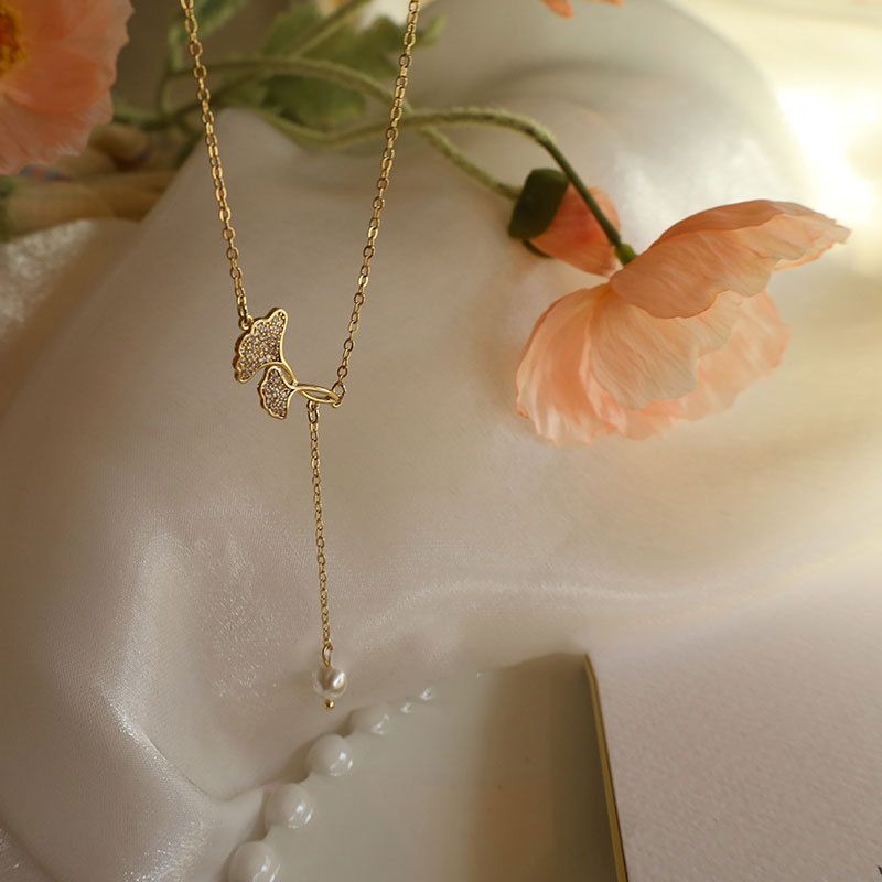 Ginkgo Leaf Shell Pearl Tassel Necklace, 925 Sterling Silver