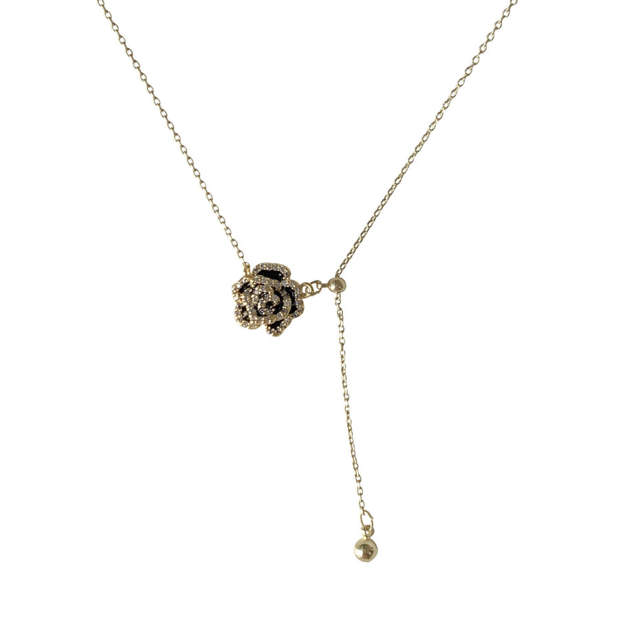 Black Camellia Tassel 925 Sterling Silver Necklace