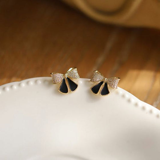 Black CZ Bow-Knot 925 Sterling Silver Stud Earrings