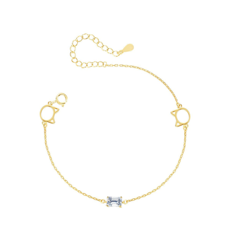 Hollow Cat Head Crystal Sterling Silver Bracelet