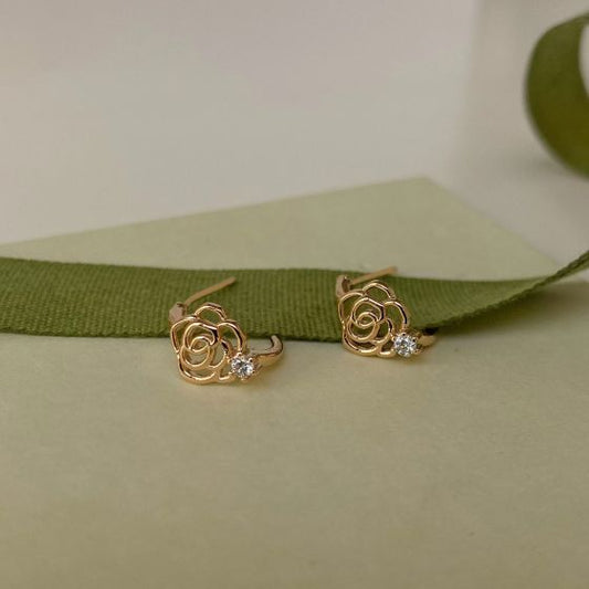 CZ Hollow Camellia Flower 925 Sterling Silver Stud Earrings
