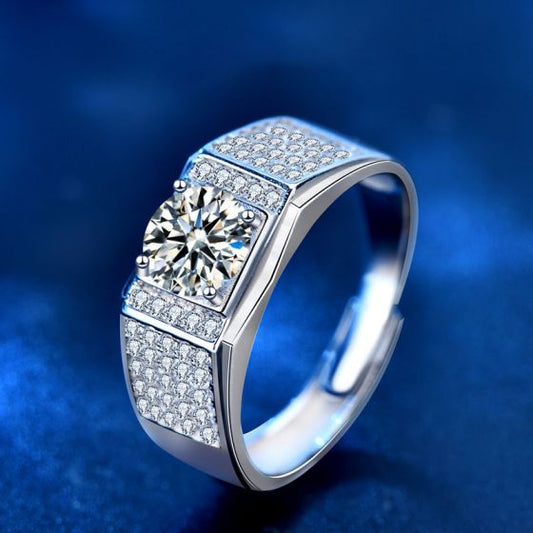 Men's Round 1ct Moissanite CZ Wide 925 Sterling Adjustable Ring