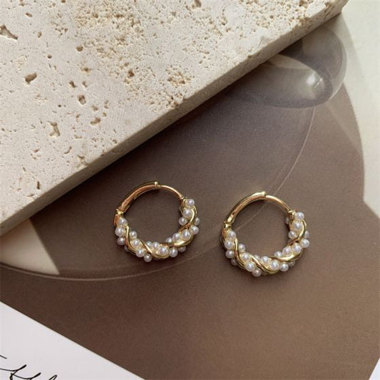 Mini Shell Pearl Twisted Cross Sterling Silver Hoop Earrings