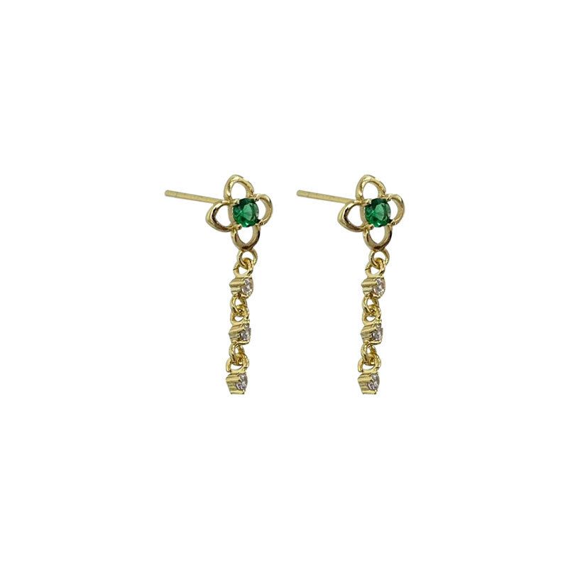 Green Crystal Flower Chain Tassel Earrings