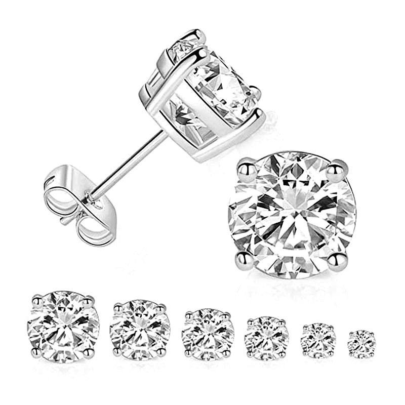 Four Claw Round Crystal Sterling Silver Stud Earrings