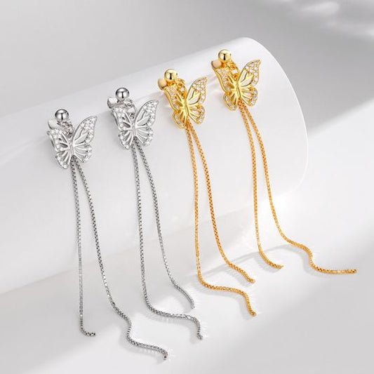 Hollow CZ Butterfly Tassel Earrings, .925 Sterling Silver