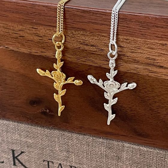 Rose Flower Cross Necklace in 925 Sterling Silver